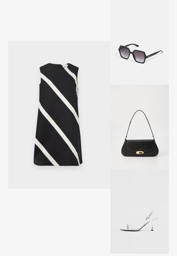 Černé bezramínkové šaty s širokými bílými diagonálními pruhy a kulatým výstřihem.; Stříbrná lakovaná kožená sandálová obuv na vysokém podpatku s úzkým pásem na prstech, nastavitelnou sponou a štíhlým podpatkem.; Černé hexagonální sluneční brýle se stupňovitou čočkou, s lesklým povrchem a jemným logem na spánku. Odolná plastová konstrukce.; Černá kožená kabelka s zakřiveným designem, zlatými akcenty a horním uchem. Vybavena elegantním zavíráním a hladkým povrchem.