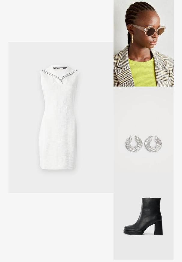 Bala bez piedurknēm ar teksturētu virsmu, ar v veida dekoltē un jūrnieka stila apkakli ar melnu apdari. Garums līdz priekšējai augšstilba daļai.; Melna ādas potīšu zābaku ar bloku papēdi un platformas zoli, skatīts no sāna uz vienkārša balta fona.; Caurspīdīgas kaķacis saulesbrilles ar brūnām lenso. Modele vilkusi zaļu ribotu topu un šķērsota bleizeri. Zelta riņķa auskari.; Sudraba gredzenveida auskari, kuros ir vairākas caurspīdīgas kristālu rotaslietas, ar teksturētu virsmu un atvērtu apļa dizainu.