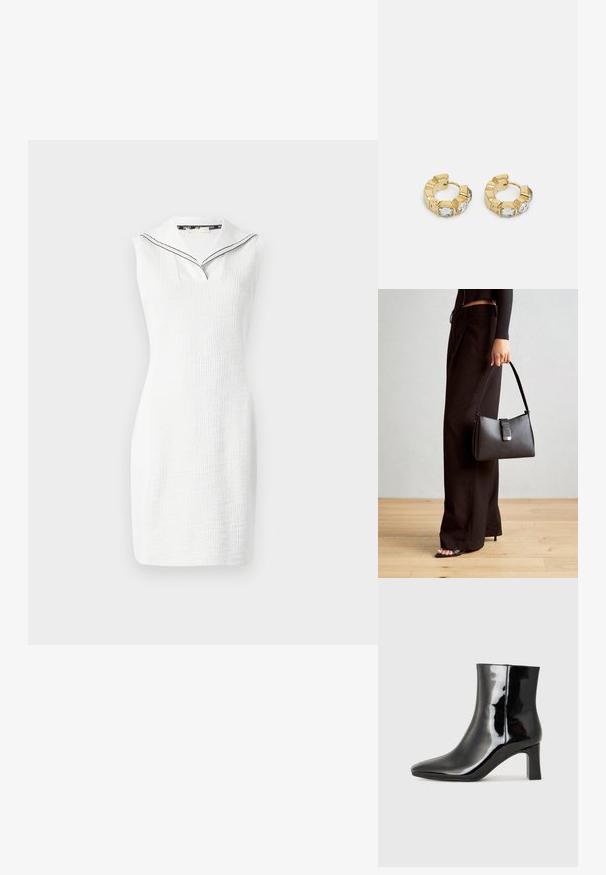 Valkoinen hihaton mekko, jossa on teksturoitu pinta. Mekossa on v-pääntie ja laivastotyyppinen kaulus mustilla yksityiskohdilla. Pituus polveen saakka.; Musta patenttilakattu nilkkuri, jossa on terävä kärki ja keskipitkä lohkarekorko. Silkkinen pinta ja minimalistinen muotoilu.; Musta käsilaukku, jossa on rakenteellinen muoto, sileä pinta ja metallinen solki. Yhdistetty leveisiin mustiin housuihin ja avonaiheisiin sandaaleihin puulattialla.; Kultaiset ympyräkorvakorut, joissa on tekstiurakuviointi ja kolme kirkasta kristallikoristetta yhdellä puolella, tarjoavat modernin geometrisen estetiikan.
