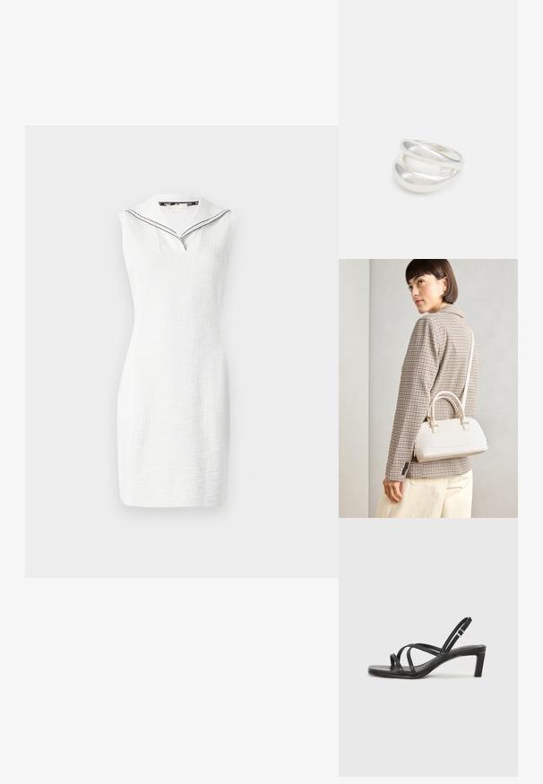 Weißes ärmelloses Kleid mit einer strukturierten Oberfläche, verfügt über einen V-Ausschnitt und einen Matrosenkragen mit schwarzem Besatz. Länge bis zur Mitte des Oberschenkels.; Schwarze Sandale mit Riemchen, quadratischer Zehenform und niedrigem Blockabsatz. Verfügt über mehrere dünne Riemen und einen verstellbaren Knöchelriemen. Hergestellt aus glattem Leder.; Weiße strukturierte Handtasche mit kurzen Griffen und einem Schultergurt, ausgestattet mit goldfarbenen Hardware-Elementen und strukturiertem Material, vor einem grauen Hintergrund präsentiert.; Silberner Doppelring mit einer glatten, polierten Oberfläche. Verfügt über ein fließendes, kurviges Design mit überlappenden Abschnitten für einen modernen Look.