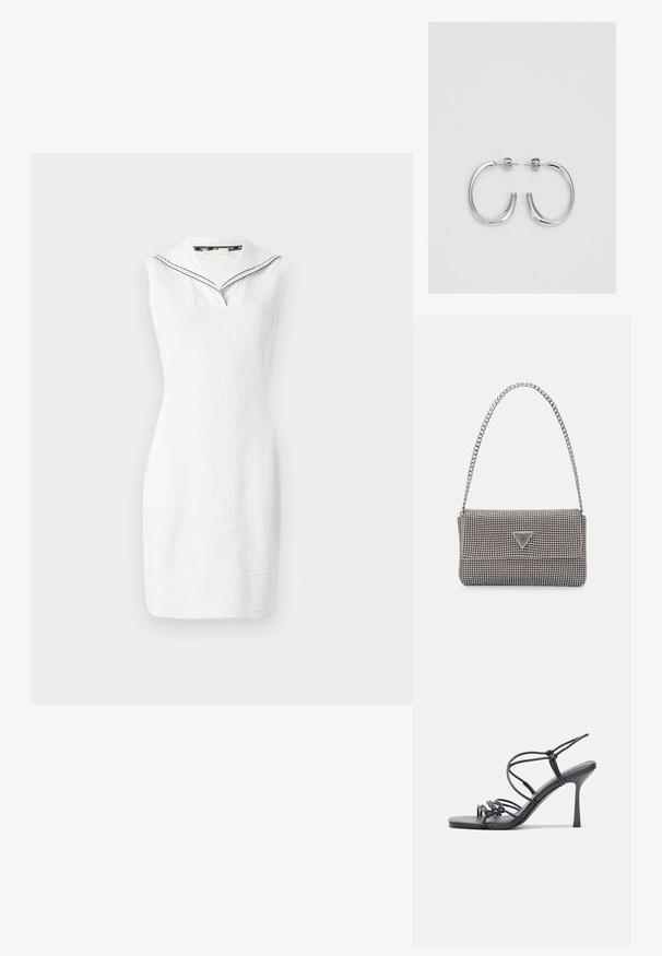 Biała sukienka bez rękawów o fakturowanej powierzchni, z dekoltem w kształcie litery V i kołnierzykiem w stylu marynarskim z czarnym wykończeniem. Długość do połowy uda.; Czarne sandały na wysokim obcasie mają cienkie paski z węzłowym wzorem, gładki, kwadratowy czubek i smukły obcas w stylu szpilki.; Jasnoszara metaliczna torebka na łańcuszku, ozdobiona małymi okrągłymi metalowymi ćwiekami oraz trójkątnym logo marki.; Srebrne kolczyki na biglu o gładkim, błyszczącym wykończeniu. O zaokrąglonym kształcie, lekkim designie, z zamknięciem na zatrzask.