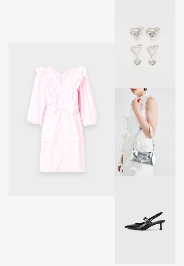 Roza bombažna obleka z V-izrezom, nabranimi detajli ob izrezu, dolgimi rokavi in gumbi spredaj ter večplastnim dizajnom.; Črne patent usnjene slingback pete s koničastim nosom in majhnim blok peto, ki vključujejo srebrno zaponko na traku.; Srebrna metalna torbica z oblikovano strukturo, ki ima zgornji ročaj in detajl v obliki mašne spredaj. Gladka tekstura, z odsevnimi površinami.; Srebrni uhani v obliki srca vsebujejo fasetirane prosojne kamne ter teksturiran okvir. Komplet vključuje stenske in viseče sloge.