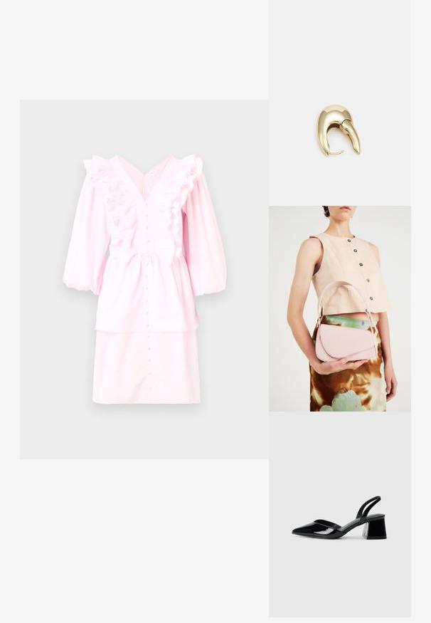 Rozā kokvilnas kleita ar V veida kakla izgriezumu, rozā aksesuāriem ap kakla izgriezumu, garām piedurknēm un pogājamām auklām ar kārtu dizainu.; Melna lakota āda ar atvērto papēdi, ar smailu purngalu un ģeometrisku blokpapēdi. Iezīmējas elegants, minimāls dizains un gluda tekstūra.; Rozā ādas rokassoma ar izliekto vāku, vienu plecu siksnu un vienkāršām līnijām. Soma izceļas ar gludu tekstūru un minimālistisku dizainu.; Zeltīti metāla auskari ar gludu, izliekta dizaina. Ar atšķirīgu smailu formu, pulētu virsmu un eņģu aizdari.
