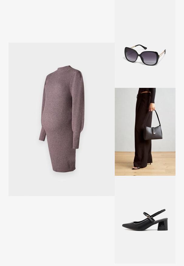 Pletené tehotenské šaty v práškovoružovej farbe, s rebrovanou textúrou, vysokým golierom a dlhými rukávmi, navrhnuté tak, aby sa prispôsobili rastúcemu brušku.; Čierne lakované kožené lodičky so slingback dizajnom, špicatou špičkou, zaobleným výrezom a blokovým podpätkom. Obsahuje akcent zlatého tónu s prackou.; Čierne oversized slnečné okuliare s gradientovými sklíčkami, hrubými rámami a zlatým retiazkovým detailom na stranách.; Čierna kabelka so štruktúrovaným tvarom, hladkou textúrou a kovovou sponou. V kombinácii so širokými čiernymi nohavicami a sandálmi s otvorenou špičkou na drevenej podlahe.