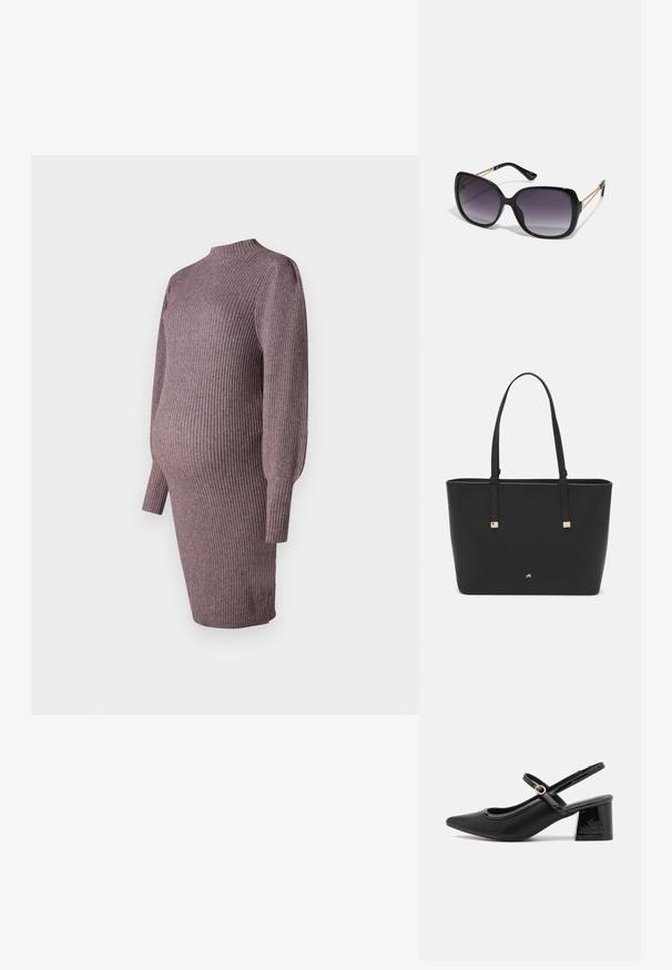 Adīts mātes kleita pelēkrozā krāsā, ar ribotu tekstūru, augstu apkakli un garām piedurknēm, veidota, lai pielāgotos augošam vēderam.; Melns patentēts ādas sandales ar norādīta pirksta formu, noapaļotu izgriezuma dizainu un bloķētu papēdi. Iezīmēta ar zelta toņa sprādzi.; Melni pārmērīgi lieli saulesbrilles ar gradāciju lēcām, biezām rāmja malām un zeltainas krāsas ķēžu detaļām uz tempļiem.; Melnā somiņa, kas izgatavota no sintētiska materiāla, ar vienkāršu taisnstūra formu, zelta kvadrātveida akcentiem un divām rokturiem.