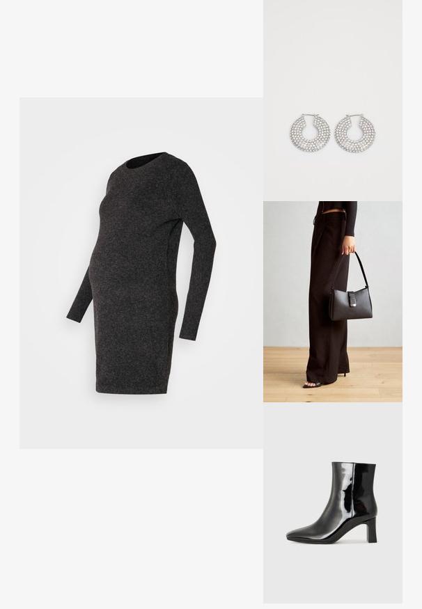 Mørk grå, langermet graviditetkjole. Laget av mykt stoff, tettsittende design med rund hals, knelengde og jevn tekstur.; Sorte patentlær ankle boot med spiss tå og en mellomhøy blokkhelt. Glatt tekstur og minimalistisk design.; Svart håndveske med strukturert form, jevn tekstur og metallisk lås. Kombinert med brede svarte bukser og sandaler med åpen tå på tregulv.; Sølv hoop øredobber prydet med flere klare krystallpynt, med en teksturert overflate og et åpent sirkulært design.