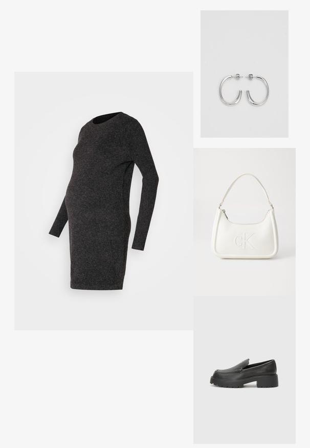 Tumši pelēks, garām piedurknēm grūtnieču kleita. Izgatavota no mīksta auduma, pielāgota forma ar noapaļotu kakla izgriezumu, līdz ceļiem garuma un gluda tekstūra.; Melnas ādas mokasīni ar noapaļotu purngalu, biezs teksturēts zoles un minimālas dūriena detaļas. Gluds dizains bez redzamām auklām vai metāla elementiem.; Balta ādas rokassoma ar noapaļotu formu, uz kuras priekšpuses ir izgriezts "CK" logo un viena plecu siksna. Augšā aizverama ar rāvējslēdzēju.; Sudraba stīpas auskari ar gludu, spīdīgu virsmu, izceļas ar izliektaveida formu un aizdari ar tapu. Minimālistisks dizains ar mūsdienīgu apdari.