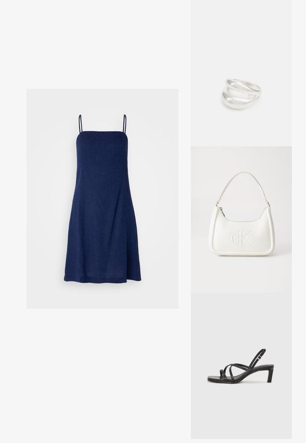Gap Tall Vapaa-ajan mekko - dark indigo; Mustat hihnalligat, joissa on neliön muotoinen kärki ja matala lohkokorko. Ominaisuuksiin kuuluu useita ohuita hihnoja ja säädettävä nilkkahihna. Valmistettu sileästä nahasta.; Valkoinen nahkalaukku, jossa on kaareva muotoilu, etupuolella kohokuvioitu "CK" -logo ja yksi olkahihna. Vetoketjukiinnitys ylhäällä.; Hopeinen kaksinkertainen rengas, jossa on sileä, kiillotettu pinta. Siinä on sulava, kaareva muotoilu, jossa on päällekkäisiä osia modernin ilmeen saavuttamiseksi.
