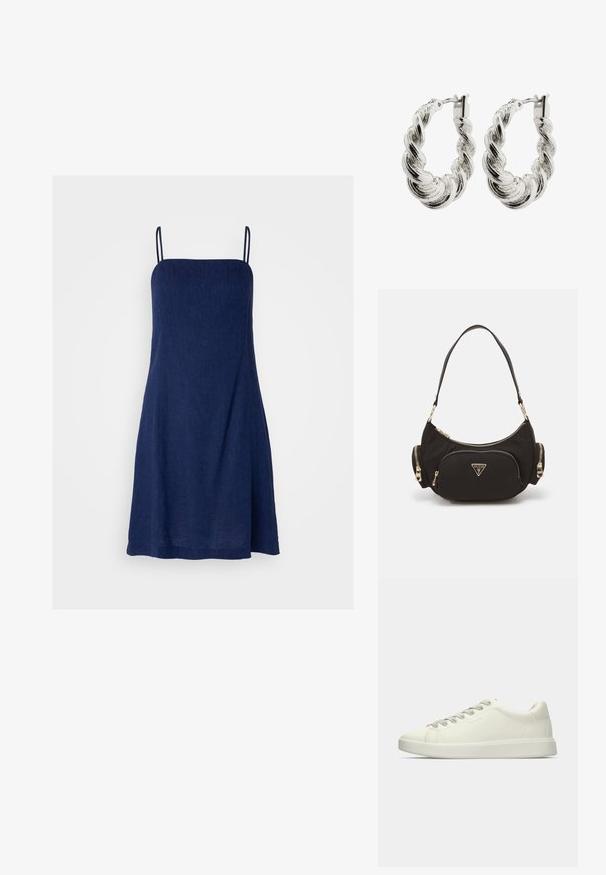 Gap Tall Freizeitkleid - dark indigo; Weiße niedrige Leder-Sneaker mit Schnürverschluss und flacher Gummisohle, seitlich auf einem schlichten Hintergrund dargestellt.; Schwarze Stoff-Schultertasche mit goldfarbener Hardware, ausgestattet mit einem Hauptreißverschlussfach und zwei kleineren Reißverschlussfächern an den Seiten.; Verdrehte Silbercreolen mit glänzender Oberfläche, die eine geflochtene Textur und einen sicheren Verschluss haben.