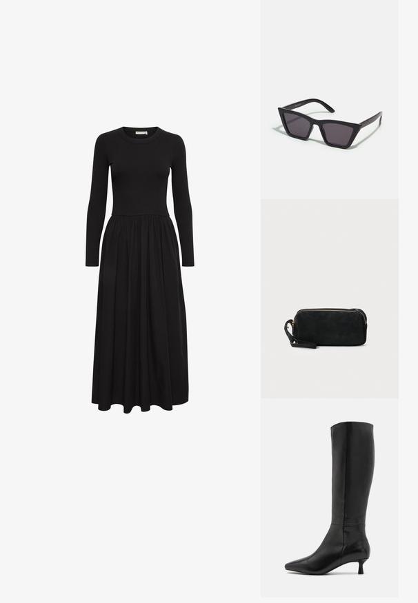 Črna obleka z dolgimi rokavi z rebrastim zgornjim delom in razpokanim, nabranim krilom. Ima okroglo izrez in dolžino do meč.; Zign Škornji - black; Črne, angularne sončne očala z sivimi lečami; izdelana iz plastike, imajo debele ročke z gladko površino in brez vidne opreme.; Črna semiš torbica z zadrgo in odstranljivim zapestnim trakom. Ima zlate kovinske dodatke in gladko, mat površino.