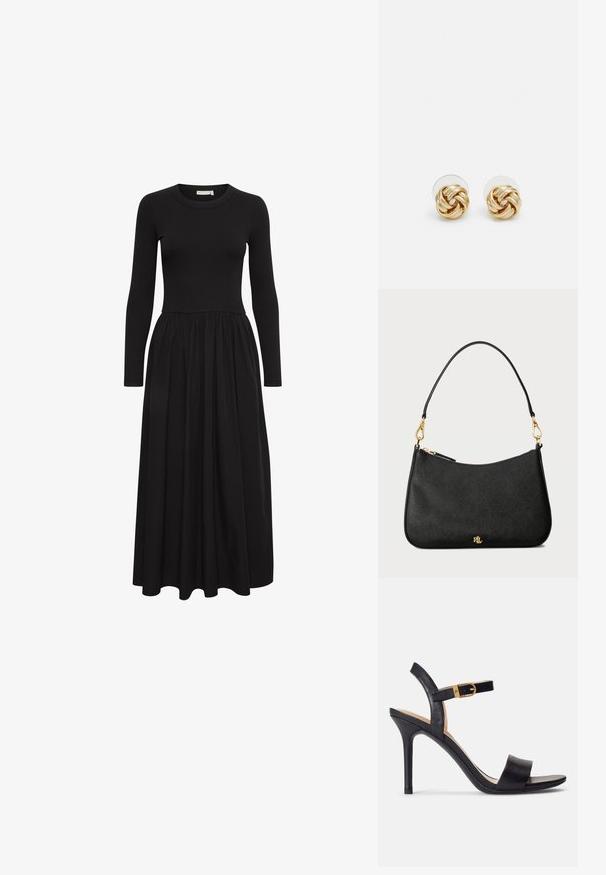 Melna garām piedurknēm tērps ar ribotu augšdaļu un plūstošu, savākta svārku. Iezīmes apaļa izgriezuma un vidus teļiem garuma.; Melni augstpapēžu sandales ar gludu ādas augšdaļu, atvērtu purngalu un vienas siksniņas dizainu ar zelta sprādzi.; Melna ādas rokassoma ar strukturētu dizainu, kas aprīkota ar rāvējslēdzēju, noņemamu siksnu un zelta aparatūras akcentiem.; Zeltītu mezgla auskari ar vērptu dizainu. Katrs auskaru pāris ir aprīkots ar apaļu caurspīdīgu atbalstu drošai nēsāšanai.