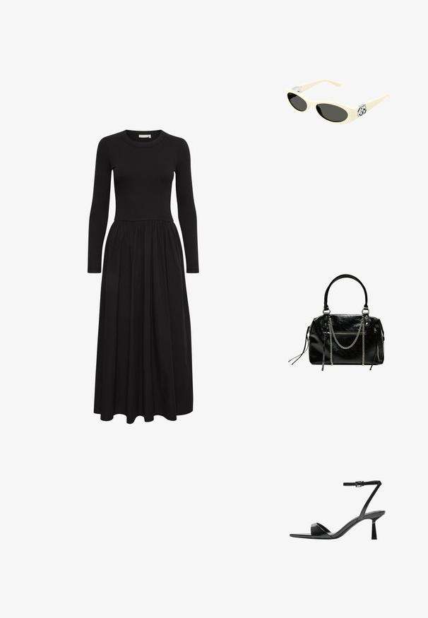 Fekete, hosszú ujjú ruha bordázott felső résszel és sodrott, bő szoknyával. Kerek nyakkivágással és térd alatti hosszúsággal rendelkezik.; Bershka Magas sarkú szandálok - black; Krém színű napszemüveg ovális lencsékkel, fekete árnyalattal és fémszínezésű logóval a templomoknál. Sima textúra, macskaszem forma.; Bershka WITH CHAIN - Kézitáska - black