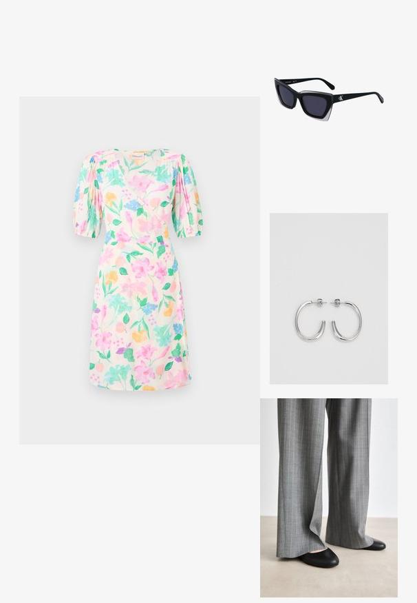 Vestido fluido de tela ligera con un estampado floral en tonos pastel de rosa, azul, amarillo y verde. Mangas cortas abullonadas realzan el diseño.; Pantalones de pierna ancha a rayas grises con una textura suave, combinados con bailarinas de cuero negro con punta redonda.; Gafas de sol negras de gran tamaño con una forma geométrica, que presentan lentes oscuros y un detalle gris contrastante en la montura. Logo en la pata.; Aros de plata en forma de aro con un acabado liso y brillante. Diseño redondeado y ligero, con cierre de tipo post-back.