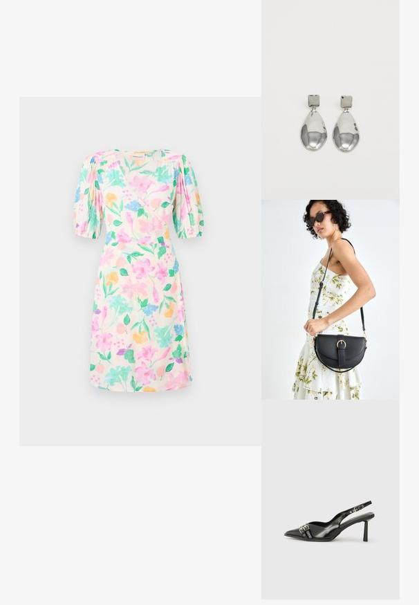 Vestido fluido de tela ligera con un estampado floral en tonos pastel de rosa, azul, amarillo y verde. Mangas cortas abullonadas realzan el diseño.; Zapato de charol negro tipo slingback con punta afilada, correas al tobillo con hebillas y herrajes de plata, y un tacón delgado.; Bolso de piel negra con forma curva, correa desmontable y herrajes dorados. El bolso cuenta con una solapa con un detalle de hebilla.; Pendientes de gota de plata con un arete cuadrado, presentando un acabado suave y pulido en forma de lágrima, que refleja la luz con una superficie brillante.