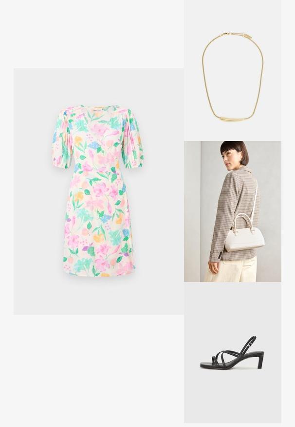 Laza, könnyű anyagból készült ruha, pasztell virágmintával rózsaszín, kék, sárga és zöld színekben. Rövid puffos ujjak emelik ki a dizájnt.; Fekete pántos szandál négyzetes orral és alacsony blokk sarkal. Több vékony pánttal és állítható boka pánttal rendelkezik. Sima bőrből készült.; Fehér, strukturált kézitáska rövid füllel és vállpánttal, arany színű fém kiegészítőkkel és texturált anyagból, szürke háttér előtt bemutatva.; Aranyozott nyaklánc sima, ívelt középső díszítéssel. Rugalmas lánccal rendelkezik, homárzárral és további állítható láncszemekkel.