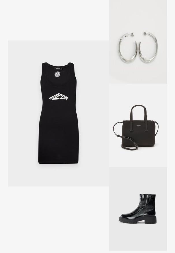 Schwarzes Tankkleid aus Jersey-Stoff mit einem runden Halsausschnitt und einer Figur formenden Passform, mit einem weißen, bedruckten Logo-Graphic.; Schwarze Knöchelstiefel mit glänzender Lackleder-Oberfläche, einer kräftigen gummierten schwarzen Sohle und Absatz; mit dezentem Logodetail an der Seite.; Schwarze Handtasche mit zwei kurzen, doppelt geflochtenen Griffen und einem abnehmbaren Schulterriemen. Glattes, lederähnliches Material mit einem Reißverschluss und Logodetail.; Silberne Creolen mit einem glatten, geschwungenen Design. Mit einem glänzenden metallischen Finish und Steckverschluss. Keine sichtbaren Muster oder Akzente.