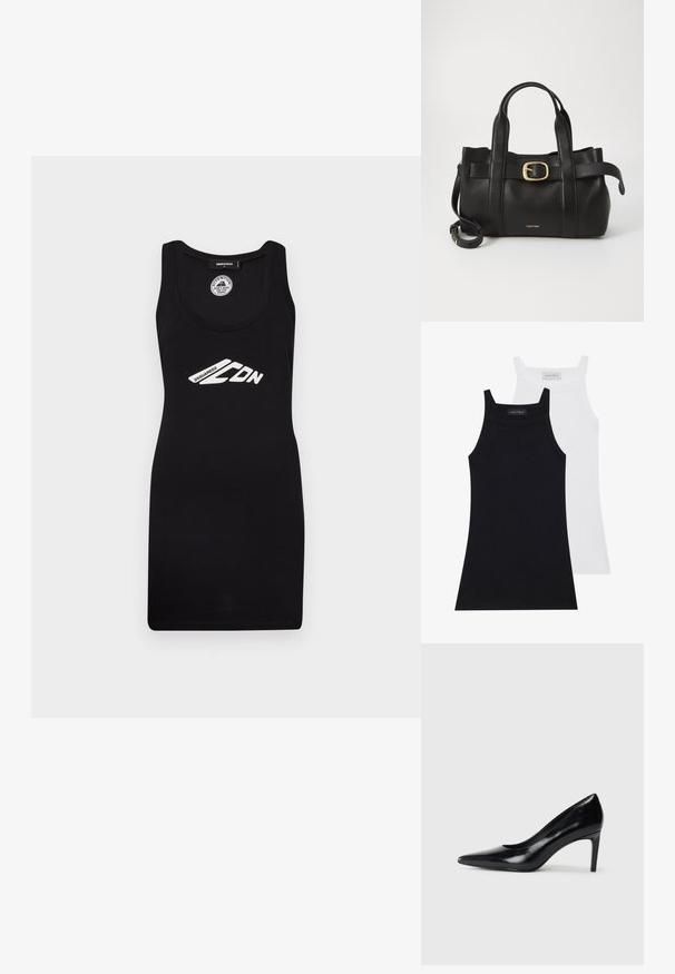 Musta tankkimekko, joka on valmistettu jersey-kankaasta, jossa on avara kaula-aukko ja vartalonmuotoa korostava leikkaus, valkoisella painetulla logogrammilla.; Kaksi hihattomaa toppia mustana ja valkoisena. Valmistettu pehmeästä, venyvästä kankaasta, jossa on ohut ribbidetekstuuri ja vartalonmyötäinen muotoilu. Ominaisuuksina kapeat olkaimet.; Mustat nahkakengät korkealla korolla, terävä kärki, sileä pinta ja kapeneva korko. Minimalistinen muotoilu, ei ylimääräisiä koristeita.; Musta nahkakäsilaukku, jossa on struktuurinen muotoilu, kaksoiskahvat, kultasävyinen solkiaksentti ja kohokuvioitu brändilogo edessä.