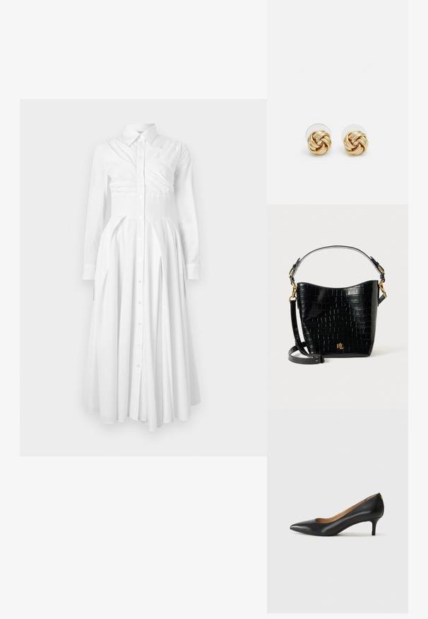 Rochie din bumbac alb, cu mâneci lungi, deschisă la nasturi în față, fustă pliată și talie strânsă. Prezintă un design structurat și o textură moale.; Pantofii din piele neagră au vârful ascuțit, toc mic și o textură netedă. Au o deschidere ușoară în față și un hardware minim în spate.; Geantă din piele cu embossare croc neagră, cu o formă curbată, accente din metal aurit, curea ajustabilă și un detaliu cu logo în față.; Cercei cu tija aurie, cu un design răsucit. Fiecare cercel are un fundal circular transparent pentru o purtare sigură.