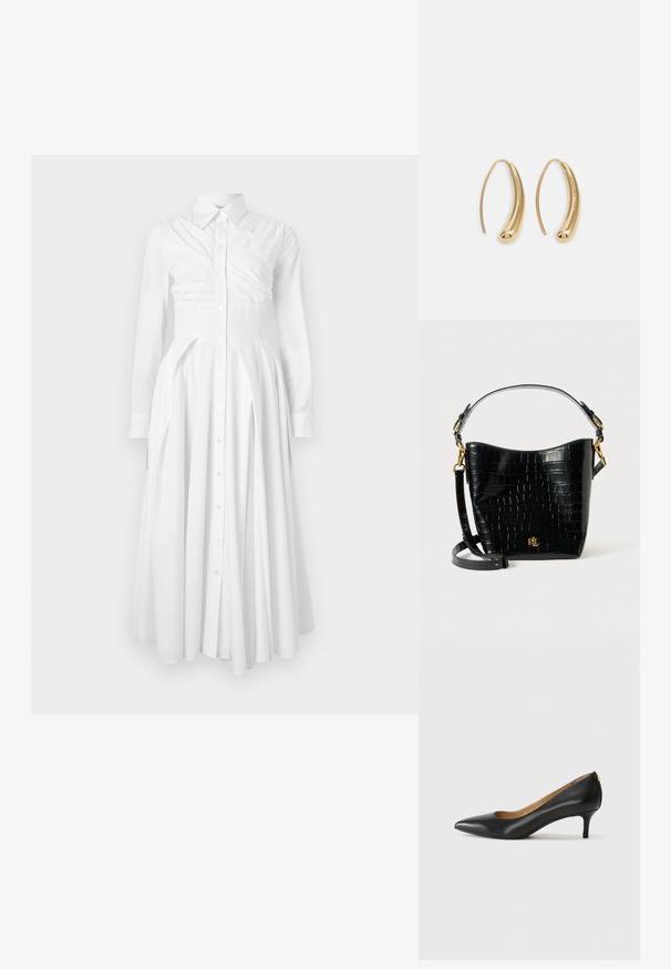 Balta kokvilnas krekla kleita ar garajām piedurknēm, pogām priekšpusē, plisēta svārku daļa un pieguļoša josta. Iespējota strukturēta dizaina un mīksta tekstūra.; Melnas ādas augstpapēžu kurpes ar pīlādžu purngalu, zemu papēdi un gludu virsmu. Raksturīga neliela atvere priekšā un minimāls aprīkojums aizmugurē.; Melnas krokodila raksts ādas soma ar izliekta formu, zelta aparatūru, regulējamu siksnu un logotipa detaļu priekšpusē.; Zelta toņu metāla gredzena auskari ar izliektu, pagarinātu formu. Ar gludu, spīdīgu virsma un noapaļotu galu papildu detaļām.