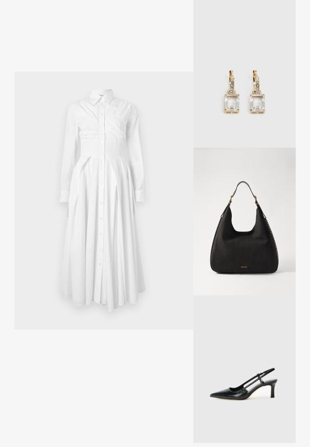 White cotton shirt dress with long sleeves, button-down front, pleated skirt, and fitted waist. Features a structured design and soft texture.; Black patent slingback heel with a pointed toe, featuring textured snake print, adjustable strap, and a short, textured block heel.; MICHAEL Michael Kors NOLITA HOBO  - Handbag - black; Gold-tone earrings featuring a rectangular, clear crystal dangling below a row of small, round clear accents. Sleek, modern design.