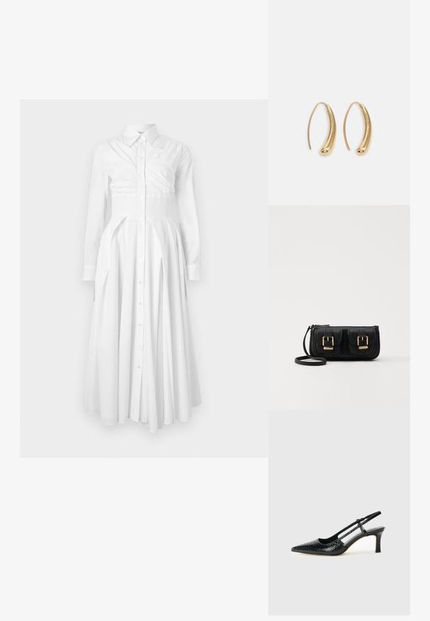 Balta kokvilnas krekla kleita ar garajām piedurknēm, pogām priekšpusē, plisēta svārku daļa un pieguļoša josta. Iespējota strukturēta dizaina un mīksta tekstūra.; Melna patent āda ar slīdošo papēdi un smailo purngalu, ar teksturētu čūsku drukājumu, regulējamu siksniņu un īsu teksturētu blokpapēdi.; Melnas ādas crossbody soma ar divām priekšējām kabatām, zelta sprādzēm, ar rāvējslēdzēju aizdari un šauru siksnu. Strukturēta virsma un kompakta taisnstūra forma.; Zelta toņu metāla gredzena auskari ar izliektu, pagarinātu formu. Ar gludu, spīdīgu virsma un noapaļotu galu papildu detaļām.