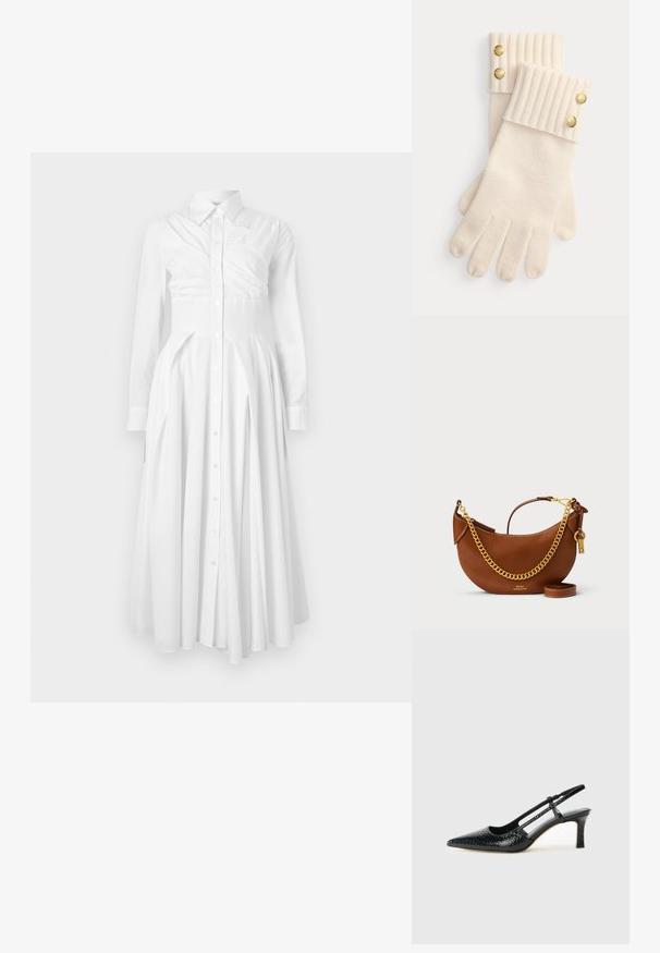 Valge puuvillane särgimood riietus pikade varrukatega, nupukinnitusega ees, volditud seelik ja sobiv talje. Omab struktureeritud disaini ja pehmet tekstuuri.; Mustmust paelad, millel on terav varvas, tekstuuriga maduprindiga, reguleeritav rihm ja lühike tekstuuriga plokknina.; Pruun nahast käekott kaarjate joontega, kullast ketirihm, sisemine tasku ja eemaldatav õlarihm. Omab kontrastset õmblust.; Kreemivärvi villased kindad ribitud mansettidega, mille ülemistel äärtes on kaks dekoratiivset kuldset nuppu. Pehme tekstuur ning sõrmeavad.