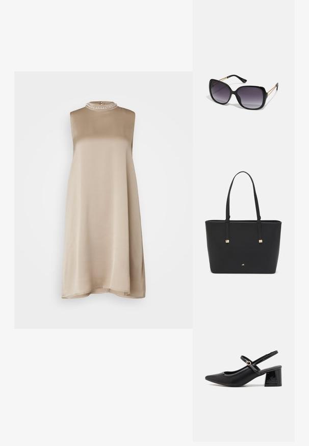 Beige ermløs kjole med rund hals, laget av glatt stoff, med en teksturert krage prydet med små perler.; Sorte lakk lær slingback hæler med spiss tå, et avrundet utskjæringsdesign og blokkheel. Har en gulltone spenne som detalj.; Sorte oversized solbriller med gradient linser, tykke rammer og detaljering med gulltonekjede på tempelarmene.; Svart totebag laget av syntetisk materiale, med et enkelt rektangulært design, gullfargede firkantede detaljer og doble håndtak.