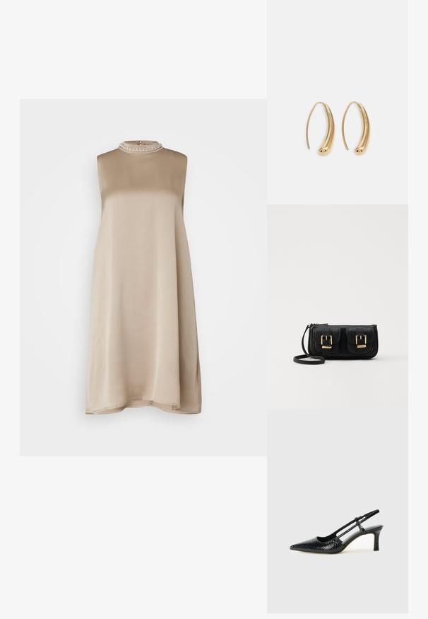 Béžové bezrukávové šaty s okrúhlym výstrihom, vyrobené z hladkej látky, s textúrovaným golierom ozdobeným malými korálkami.; Čierne patentové slingback topánky na ihlovom podpätku s špicatou špičkou, s textúrovaným hadím vzorom, nastaviteľným popruhom a krátkym, textúrovaným blokovým podpätkom.; Čierna kožená crossbody taška s dvoma prednými vreckami, zlatými sponami, zipsovým uzatváraním a úzkym popruhom. Štruktúrovaný povrch a kompaktný obdĺžnikový tvar.; Náušnice vo forme zlatých kovových kruhov s zakriveným, predĺženým tvarom. Majú hladký, lesklý povrch a zaoblený koniec pre pridanie detailu.