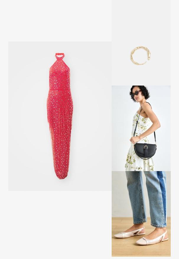 Rdeča halter obleka z oprijetim korzetom, prosojnim prelivom in geometrijskimi vzorci v različnih odtenkih bele in srebrne barve.; Svijetloružičaste slingback balerinke s šiljastim nožnim prstima, napravljene od glatkog materijala nalik koži. Imaju izrezane detalje sa strane i ravne pete.; Črna usnjena torbica s ukrivljeno obliko, z odstranljivo naramnico in zlatimi dodatki. Torbica ima pokrov s podrobnostmi v obliki zaponke.; Zlati prstan s organskim, zvitim dizajnom, gladko površino in taperiranimi konci, ki ustvarja modernega, skulpturalnega videza.