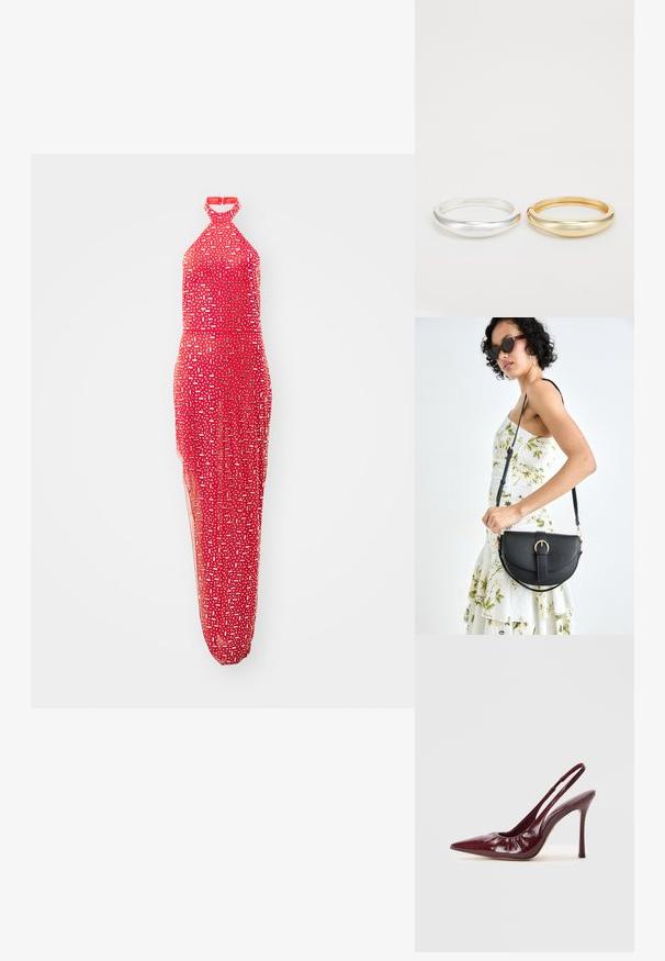Piros, nyakba akasztós ruha, fitted bodice-dzsal, átlátszó felsőrésszel és geometrikus mintákkal, különböző árnyalataiban fehér és ezüst színben.; Burgundi lakkbőr slingback magassarkú cipő hegyes orral, az elején gyűrt textúrával és vékony tűs sarokkal.; Fekete bőrtáska ívelt formával, levehető pánttal és arany színű fémrészekkel. A táskán egy csattal díszített fedél található.; Zign 2 PACK - Karkötő - gold-coloured/silver-coloured