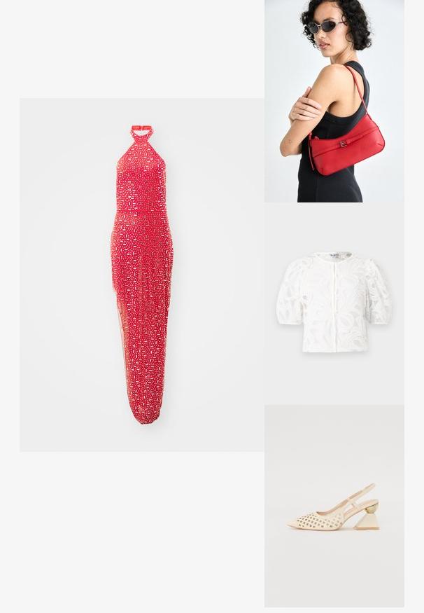 Piros, nyakba akasztós ruha, fitted bodice-dzsal, átlátszó felsőrésszel és geometrikus mintákkal, különböző árnyalataiban fehér és ezüst színben.; Fehér csipkeboleró kerek nyakkal, puffos rövid ujjakkal és virágmintával. Gombos záródással és áttetsző anyaggal rendelkezik.; Beige szandál, perforált felsőrésszel, hegyes orral és kontrasztos háromszögletű sarokkal, amely arany díszítést tartalmaz. Az egész cipő sima anyagú.; Piros bőr válltáska sima felülettel, ívelt dizájnnal és dekoratív csattal. Állítható pánt és cipzáras záródás.