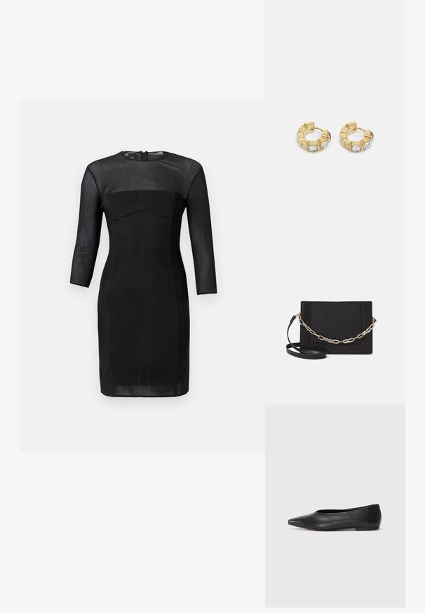 Vestido preto justo com decote redondo, mangas três quartos e corpete estruturado. Feito de um tecido suave com um painel de decote transparente.; Bailarina de couro preto, bico fino, design minimalista, textura suave, salto baixo, sem hardware ou embelezamentos visíveis.; Bolsa crossbody de couro preto com uma textura suave, forma retangular e um detalhe em corrente metálica na frente. Inclui uma alça ajustável.; Brincos de argola dourados com um design texturizado e três cristais transparentes em um lado, oferecendo uma estética geométrica moderna.