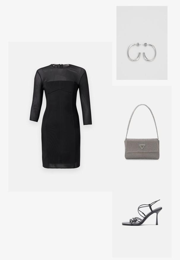 Rochie neagră, ajustată, cu decolteu rotund, mâneci trei sferturi și corset structurat. Realizată dintr-un material neted, cu un panou transparent la decolteu.; Sandale negre cu toc înalt au curele subțiri cu un design legat, un vârf pătrat neted și un toc stiletto elegant.; Geantă metalică gri deschis, cu un strap din lanț, decorată cu mici ținte circulare metalice și un logo de marcă triangular.; Cercei rotunzi din argint cu un finisaj neted și strălucitor. Design ușor, având o formă rotundă și închidere cu tijă.