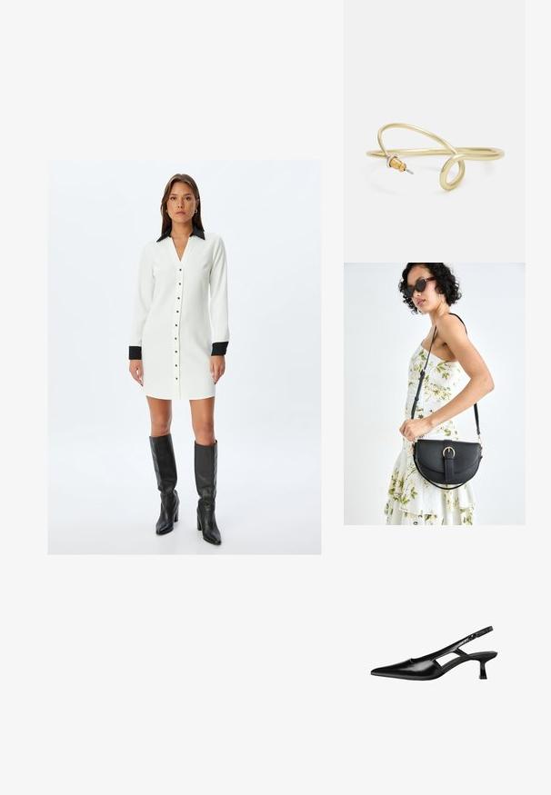 Hvid skjorte-kjole med sort krave og manchetter, med lige snit, lange ærmer og metalliske knapdetaljer.; Sorte patentlæder slingback hæle med spids tå, udskåret sideskærm og en lille firkantet hæl. Glat tekstur med minimale detaljer.; Sort læderhåndtaske med en buet form, aftagelig rem og guldfinish. Tasken har en klap med en spænde detalje.; Guldfarvet metalarmbånd med flydende, kurvet design. Har en lille, fremtrædende sølvfarvet accent i den ene ende.