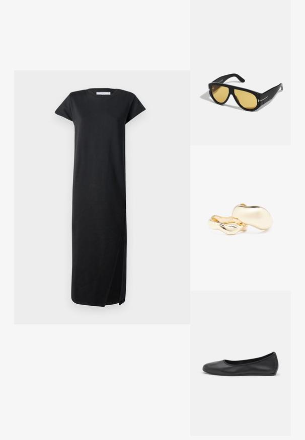 Czarna bawełniana sukienka maxi z krótkimi rękawami, luźny krój, prosty fason i boczne rozcięcie, charakteryzująca się czystym designem i miękką teksturą.; Czarne skórzane baletki z zaokrąglonym noskiem, gładką fakturą, minimalnymi przeszyciami i elastycznym designem podeszwy.; Czarne okulary przeciwsłoneczne z geometrycznym wzorem, żółtymi soczewkami i złotymi akcentami na zausznikach. Gładka tekstura, szeroki kształt, nowoczesny design.; Złote kolczyki o organicznym, fasolowym kształcie i gładkiej, refleksyjnej powierzchni; cechują się minimalistycznym designem bez widocznych elementów mocujących.