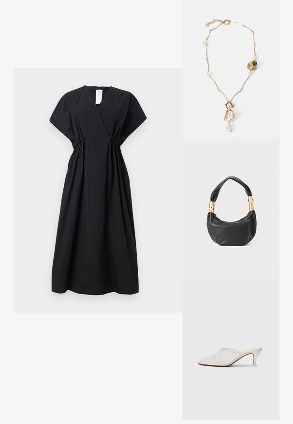 Vestito nero avvolgente con maniche corte, vita arricciata e silhouette fluida. Realizzato in tessuto leggero, ha una profonda scollatura a V.; Mule bianco in rete con punta appuntita, tacco medio sottile e design slip-on su uno sfondo semplice.; Borsa a tracolla in pelle nera con una forma rotonda, texture morbida e manico annodato con dettagli in metallo dorato. Chiusura con zip.; Collana dorata con maglie attorcigliate, perle bianche e un accento di pietra verde. Presenta dettagli intricati e una chiusura per l'aggancio.