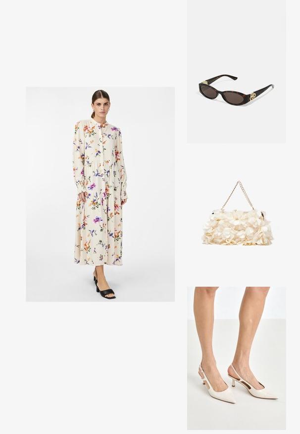 Kwiatowa sukienka maxi z beżowym tłem, na którym widnieją kolorowe kwiaty. Długie rękawy, zapięcie na guziki i warstwowy krój. Uzupełniona o czarne sandały na obcasie.; Beżowe lakierowane szpilki z odkrytą piętą, zakończone spiczastym noskiem i 5 cm obcasem, z wyciętymi bokami oraz cienkim paskiem na kostce.; Słoneczne okulary w kolorze żółwi z wydłużonymi owalnymi soczewkami, brązowym odcieniem, złotymi akcentami logo na zausznikach oraz smukłymi czarnymi ramionami.; Biała torebka kwiatowa z marszczoną powierzchnią z tkaniny, złotą łańcuszkową rączką i metalowym zapięciem. Posiada teksturowane płatki jako dodatkowy detal.