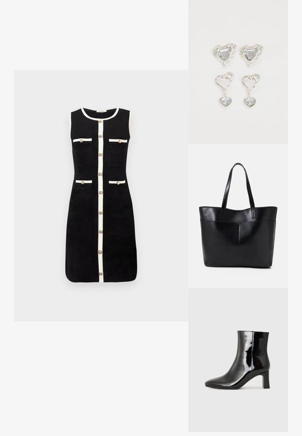 El vestido negro sin mangas presenta un corte recto, un ribete blanco en los bordes, cuatro bolsillos frontales con botones y un cierre central con botones.; Botín de charol negro con punta afilada y un tacón de bloque de altura media. Textura suave y diseño minimalista.; Bolso tote de cuero negro con dos asas largas, textura suave y forma estructurada. Cuenta con un bolsillo frontal para almacenamiento adicional.; Pendientes en forma de corazón plateados que presentan piedras claras facetadas, con un marco texturizado. El conjunto incluye estilos de perno y tipo gota.