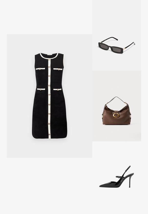 Abito nero senza maniche con taglio dritto, bordo bianco lungo i bordi, quattro tasche frontali con bottoni e chiusura centrale con bottoni.; Slingback in vernice nera con tacco a stiletto, punta affusolata e cinturino regolabile. Superficie liscia con finitura lucida.; Occhiali da sole neri rettangolari con lenti scure, montatura in plastica lucida e accenti dorati sulle tempie. Design minimalista e forma elegante.; Borsa a mano in pelle marrone con una finitura testurizzata, dotata di un gancio in metallo dorato e di una singola tracolla curva.