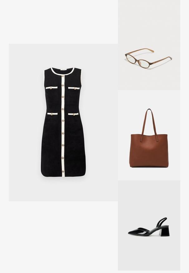 Črna brezrokavna obleka ima ravno krojenje, beli robovi ob robovih, štiri sprednje žepe z gumbi ter srednje gumbasto zapiranje.; Črne lakirane slingback pete s koničastim nosom in geometrijsko blokasto peto. Imajo eleganten, minimalističen dizajn in gladko teksturo.; Rjavo želvovina očala z ovalnimi lečami, tankimi ročaji in prosojnimi detajli. Imajo subtilen logo na templetu. Eleganten, lahek dizajn.; Rjava usnjena torba z gladko teksturo, odprto zasnovo zgoraj in dvema naramnima trakovoma. Opremljena je z minimalnim šivanjem in brez vidnih kovinskih delov.
