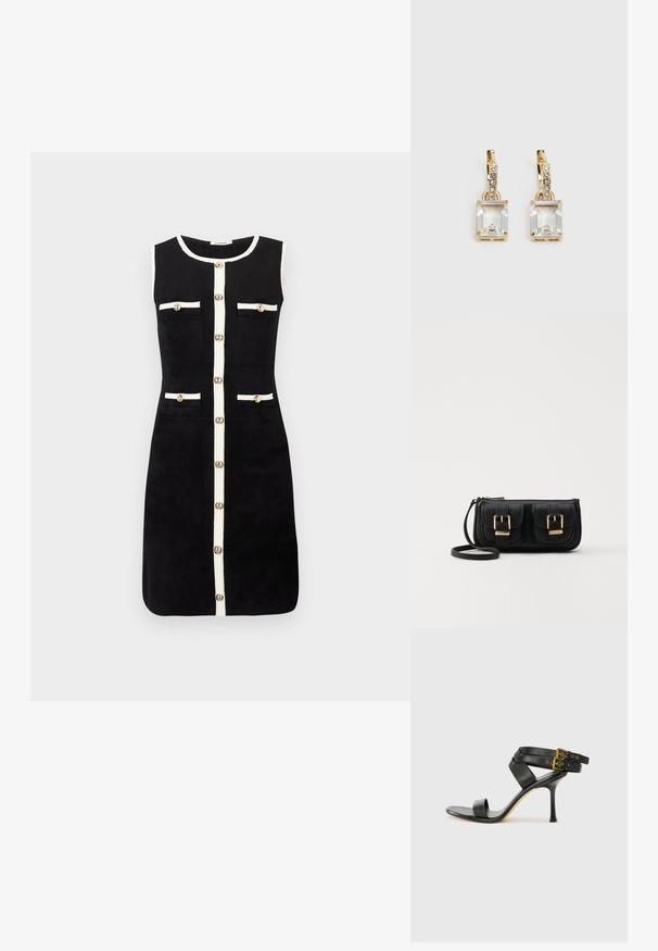 Czarna sukienka bez rękawów ma prosty krój, białe wykończenia wzdłuż krawędzi, cztery przednie kieszenie z guzikami oraz centralne zapięcie na guziki.; Czarne sandały na obcasie z krzyżującymi się paskami i regulowanym zapięciem. Charakteryzują się gładką teksturą i zwężanym obcasem w kształcie szpilki.; Czarna skórzana torba na ramię z dwoma przednimi kieszeniami, złotymi klamrami, zamkiem błyskawicznym i cienkim paskiem. Teksturowana powierzchnia i kompaktowy prostokątny kształt.; Złote kolczyki z prostokątnym, przezroczystym kryształem zwisającym poniżej rzędu małych, okrągłych, przezroczystych akcentów. Elegancki, nowoczesny design.
