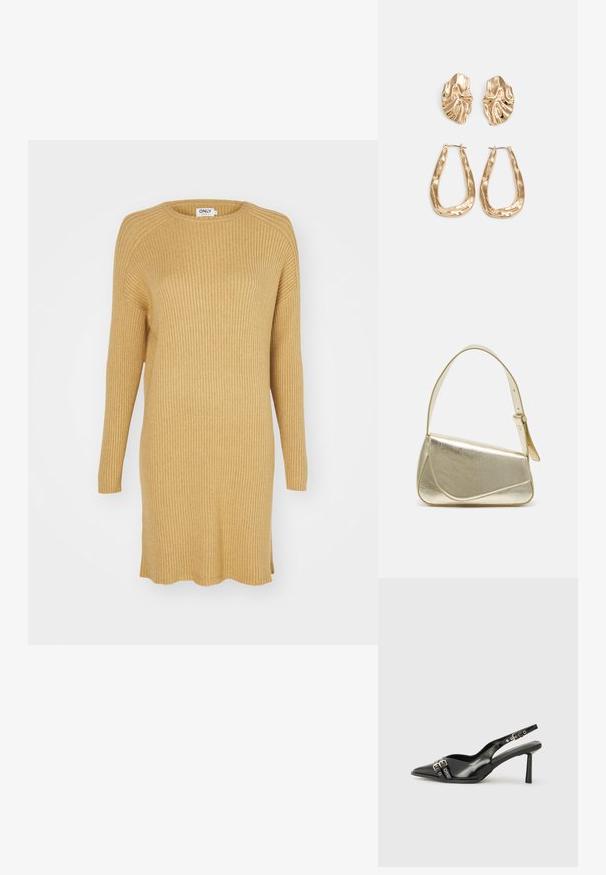Abito a coste in senape con maniche lunghe, scollo rotondo e spacchi laterali all'orlo. Caratterizzato da un tessuto morbido e testurizzato.; Scarpa slingback in vernice nera con punta affusolata, cinturini alla caviglia con fibbie in argento e accessori, e tacco sottile.; Borsa a mano metallica dorata con un design strutturato, superficie liscia e tracolla regolabile. Presenta una forma triangolare unica e cuciture minimaliste.; Orecchini in tono oro caratterizzati da forme ondulate eTexture. Comprendono chiusure clip-on scultoree e un design a cerchio aperto con finitura martellata.