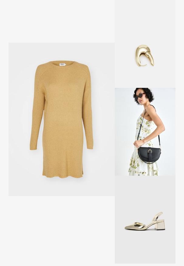 Gelsvos raštuotos megztos suknelės ilgomis rankovėmis, apvaliu iškirpimu ir šoninėmis skeltukais apatinėje dalyje. Suknelė pasižymi minkšta, tekstūrine medžiaga.; Auksiniai, metaliniai slingback aukštakulniai bateliai su smailiu pirštu ir masyviu kulnu. Lygus paviršius, minimalizmo dizainas ir siaura juostelė.; Juodas odinis krepšys su išlenkta forma, nuimamu dirželiu ir auksiniais detalėmis. Krepšys turi kilpą su sagtimi.; Aukso tono metalinės auskarai su stilingu, kreiviu dizainu. Išsiskiria ryškiu smailiu pavidalu, poliruota paviršiumi ir užsegimu su vyriu.