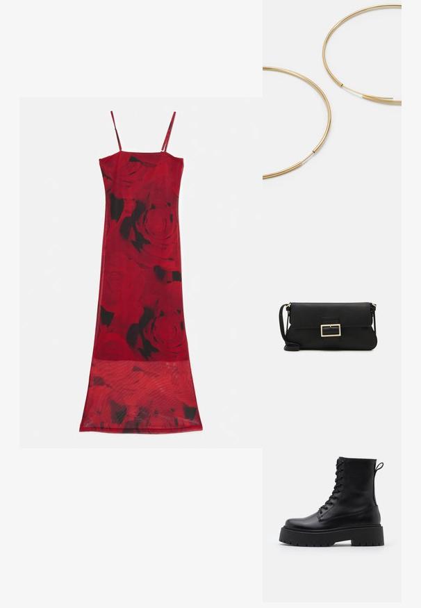 Rdeča cvetna obleka s tankimi naramnicami, ki vsebuje prosojno tkanino in vzorec temno rdečih ter črnih vrtnic. Gladka tekstura in oprijet dizajn.; Črne usnjene gležnjarje z okroglo konico, vezalnim sprednjim delom in debelim gumijastim podplatom z teksturiranim profilom. Zanka na hrbtni strani.; Črna usnjena torbica na preklop z zlato kovinsko zaponko. Vključuje črn trak in eleganten, minimalističen dizajn.; Zlate obroče ušesne uhane, tanke in krožne oblike, z gladko kovinsko površino brez okrasnih elementov ali vzorcev.