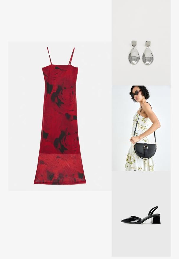 Vestido floral vermelho com alças finas, apresentando um tecido transparente e um padrão de rosas vermelho-escuras e pretas. Textura suave e design ajustado.; Sandy em verniz preto com salto slingback, ponta afilada e salto geométrico. Apresenta um design elegante e minimalista com textura suave.; Bolsa de couro preta com forma curva, alça destacável e detalhes em dourado. A bolsa possui uma aba com detalhe de fivela.; Brincos de gota em prata com um pino quadrado, apresentando um acabamento liso e polido e uma forma de gota, refletindo a luz com uma superfície brilhante.
