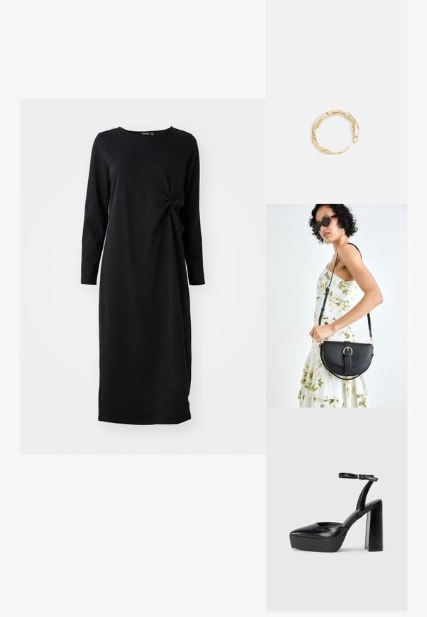 Črna obleka z dolgimi rokavi iz mehkega blaga, z okroglo izrezom in vozlom v predelu pasu. Ravna silhueta, dolžina do sredine meč.; Črne platforme z visokimi petami in koničastim nosom ter nastavljivim gležnjenjskim trakom. Narejene iz gladke usnje, s kockasto peto.; Črna usnjena torbica s ukrivljeno obliko, z odstranljivo naramnico in zlatimi dodatki. Torbica ima pokrov s podrobnostmi v obliki zaponke.; Zlati prstan s organskim, zvitim dizajnom, gladko površino in taperiranimi konci, ki ustvarja modernega, skulpturalnega videza.