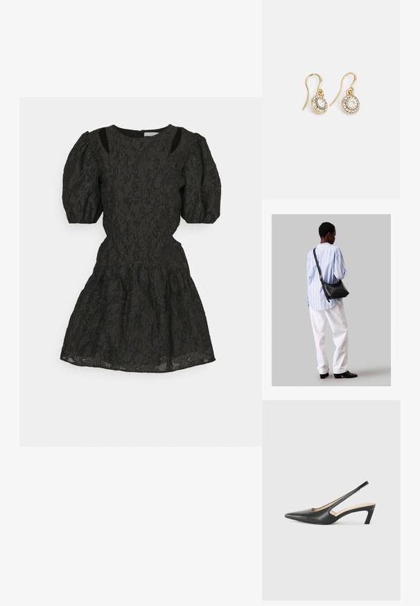 Čierne čipkované šaty s puff rukávmi, priliehavou sukňou a rozšírenou sukňou. Výrezové detaily na pleciach. Zips na zadnej strane.; Čierne slingback topánky s ostrou špičkou a nízkym opätkom, vyrobené z hladkej kože a s výrezmi na boku pre lepšiu priedušnosť.; Čierna kožená ramenná taška so mäkkou textúrou, trojuholníkovým tvarom a nastaviteľným popruhom, skombinovaná s svetlomodrou pruhovanou košeľou a bielymi nohavicami.; Náušnice zlatého odtieňa s oválnymi čírymi kryštáli obklopenými menšími čírými kameňmi, s háčikovým dizajnom pre bezpečné nosenie.