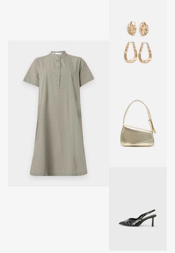 Khaki kokvilnas kleita ar īsām piedurknēm, stāvošu apkakli un pogu apli pa priekšējo daļu; brīvs piegriezums un līdz ceļiem garuma siluets.; Melnā patentēta ādas sandale ar norādītu purngalu, potītes siksniņām ar sudraba sprādzēm un aparatūru, kā arī smalku papēdi.; Zelta metāla somiņa ar strukturētu dizainu, gludu tekstūru un regulējamu siksniņu. Iezīmējas ar unikālu trīsstūrveida formu un minimālistisku šuvumu.; Zelta krāsas auskari ar teksturētām, viļņotām formām. Iekļauts skulpturāls piespraužams modelis un atvērta gredzenveida konstrukcija ar izsistām virsmām.