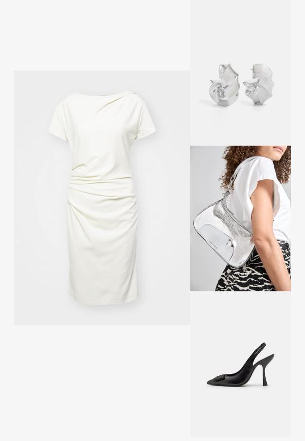 Valkoinen mekko, joka on valmistettu pehmeästä kankaasta. Mekossa on lyhyet hihat, veneen muotoinen pääntie ja sivuilla kerroksellisia yksityiskohtia, jotka luovat laskeutuvan efektin.; Musta nahka slingback-kengät, joissa on terävä kärki, kapea korko ja koristeellinen rusetti. Sileä pinta ja tyylikäs muotoilu.; Hopeinen metallinen olkalaukku, jossa on sileä pinta, kaareva muotoilu, ketjuolkaimet ja kiiltävä etupaneeli, jossa on hienovarainen logon kaiverrus.; Hopeakorvakorut, joissa on virtaava, spiraalimainen muotoilu. Sileä pinta, jossa on kiiltävä viimeistely. Ominaisuuksina hienovarainen kiilto ja ei näkyviä koristeita.