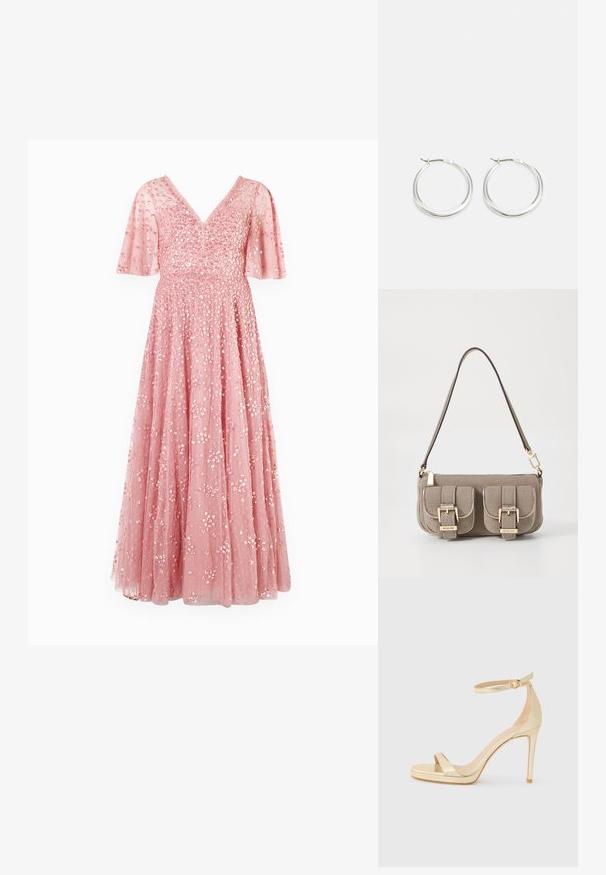 Needle & Thread LEILA DOT V NECK CAPE ANKLE GOWN - Alkalmi viselet - primrose; Arany fémes, magas sarkú szandál nyitott orral, bokapánttal és csattal, valamint emelt talppal a magasabb magasságért. Simaság érzet.; Beige textúrájú kézitáska állítható pánttal, két elülső zsebbel, amelyek csattal záródnak, és arany színű kiegészítőkkel. A tetején cipzáros záródás.; A ezüst karika fülbevalók sima, lekerekített formájúak, vékony profilúak és biztonságos zárással rendelkeznek. Minimalista stílus, fényes befejezéssel.